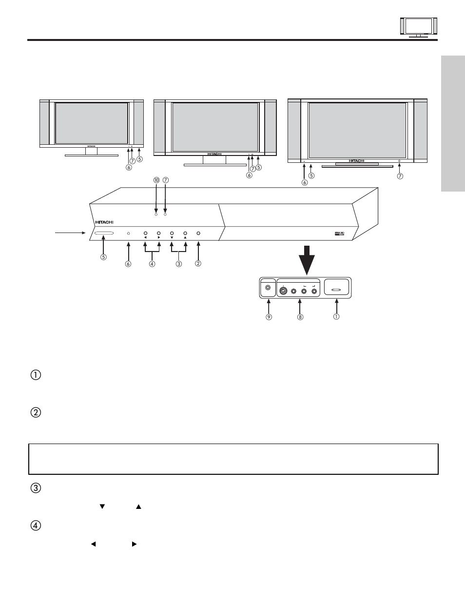 Front panel controls, First time use, Front view | Hitachi 42HDT55 User Manual | Page 9 / 88