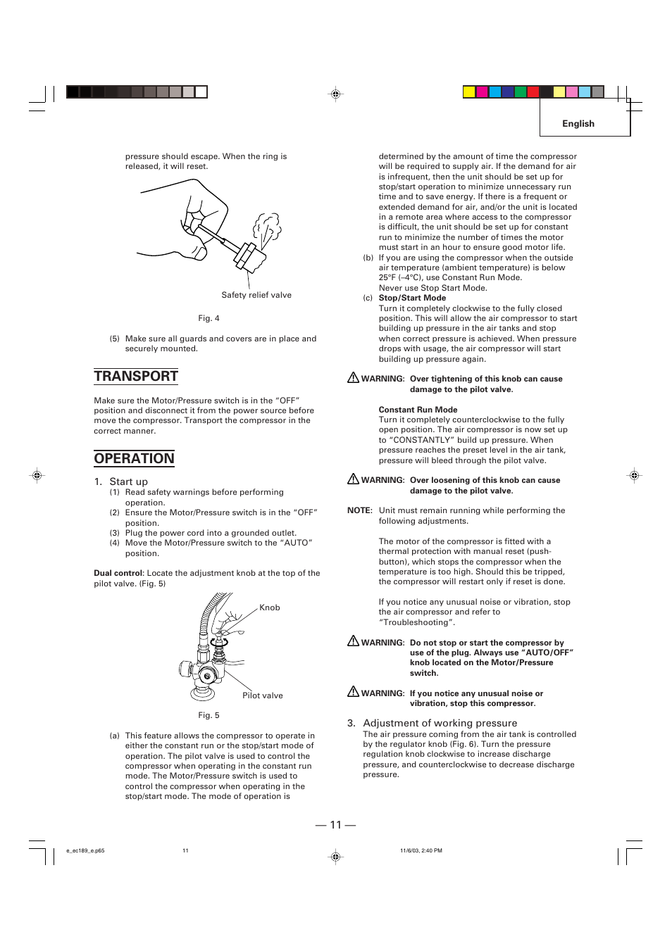 Transport, Operation | Hitachi EC 189 User Manual | Page 11 / 40