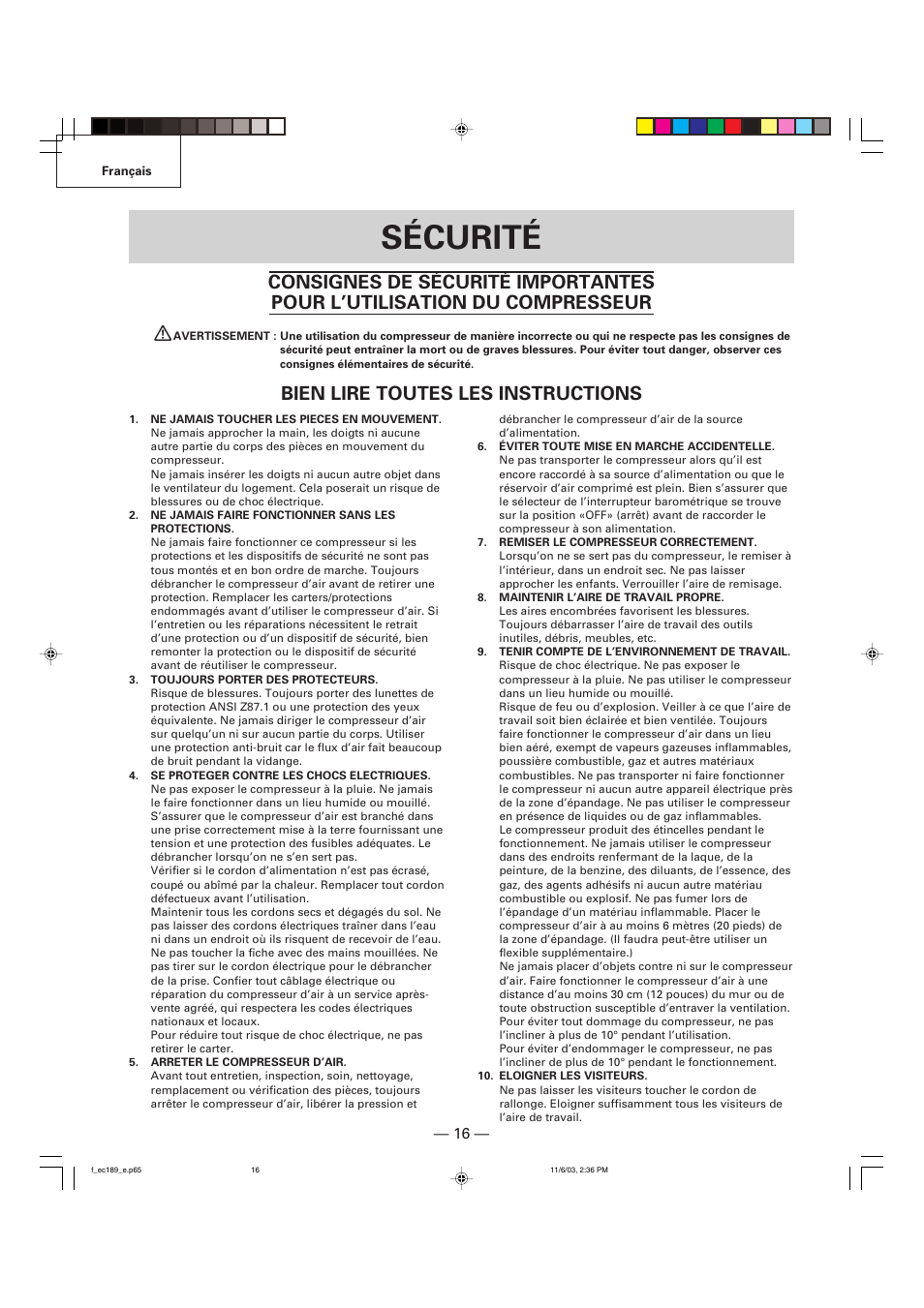 Sécurité, Bien lire toutes les instructions | Hitachi EC 189 User Manual | Page 16 / 40