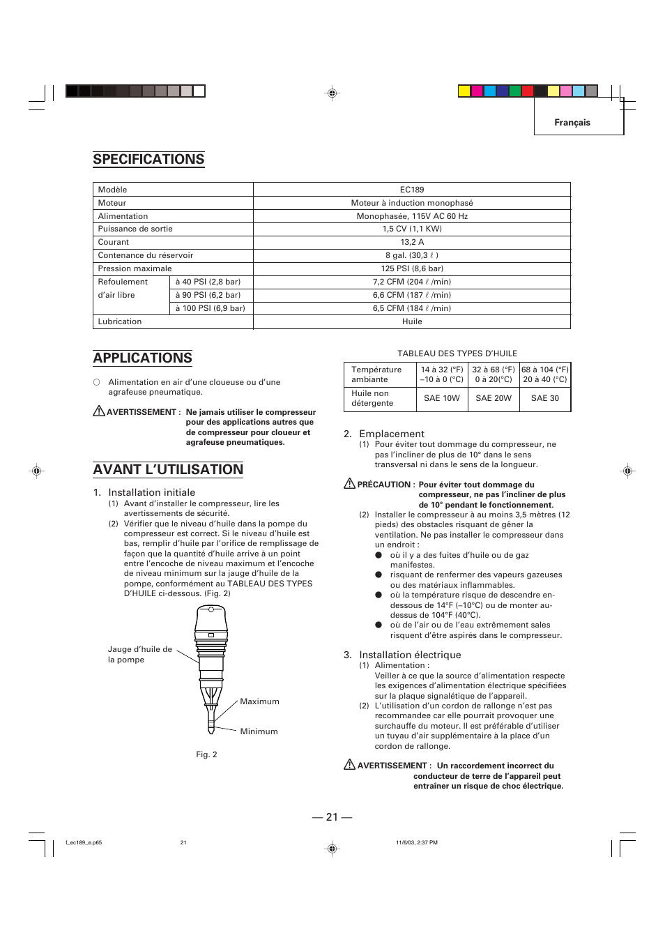 Specifications, Applications, Avant l’utilisation | Hitachi EC 189 User Manual | Page 21 / 40