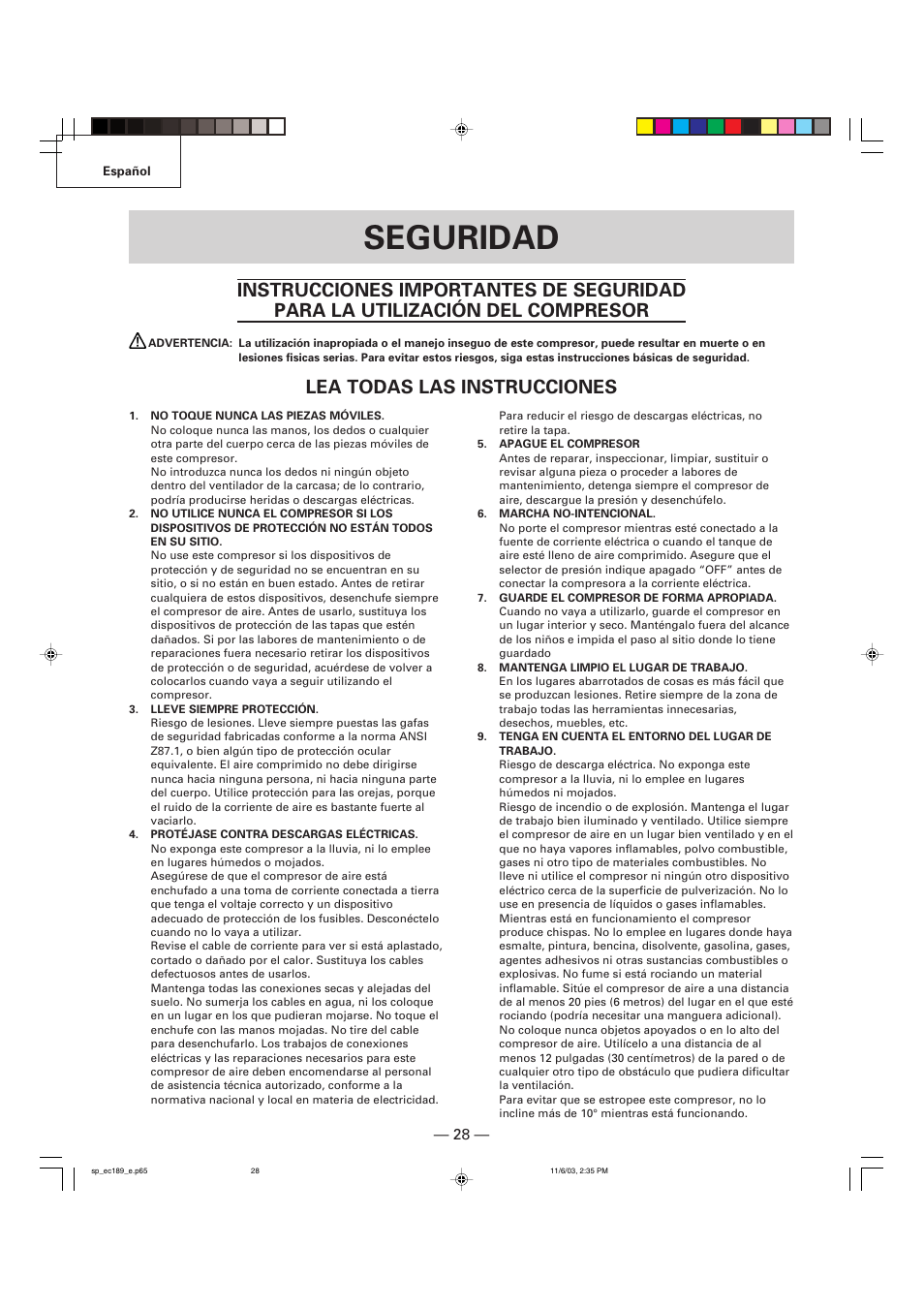 Seguridad, Lea todas las instrucciones | Hitachi EC 189 User Manual | Page 28 / 40