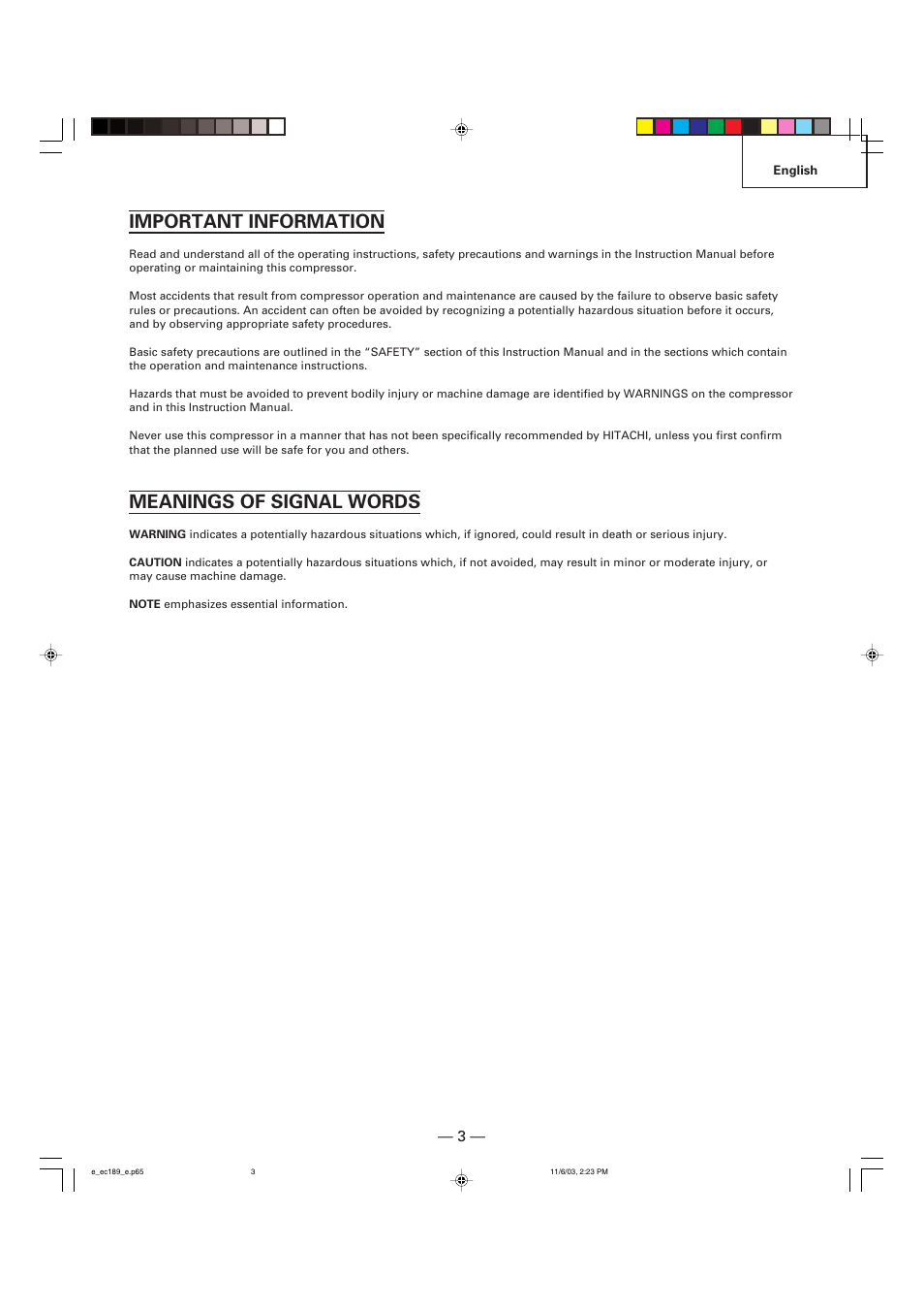 Important information, Meanings of signal words | Hitachi EC 189 User Manual | Page 3 / 40