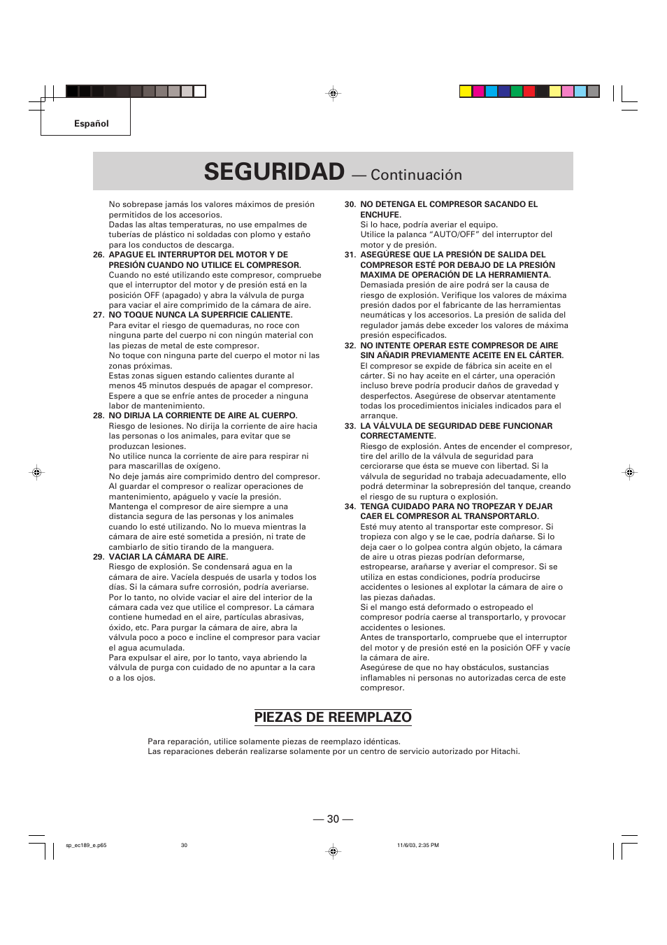 Seguridad, Continuación, Piezas de reemplazo | Hitachi EC 189 User Manual | Page 30 / 40
