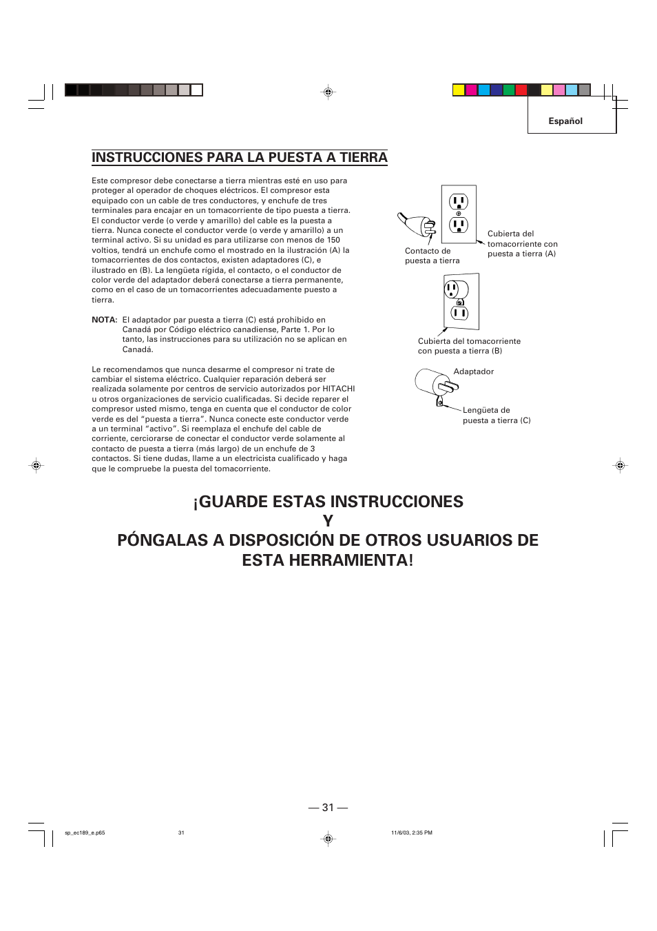 Instrucciones para la puesta a tierra | Hitachi EC 189 User Manual | Page 31 / 40