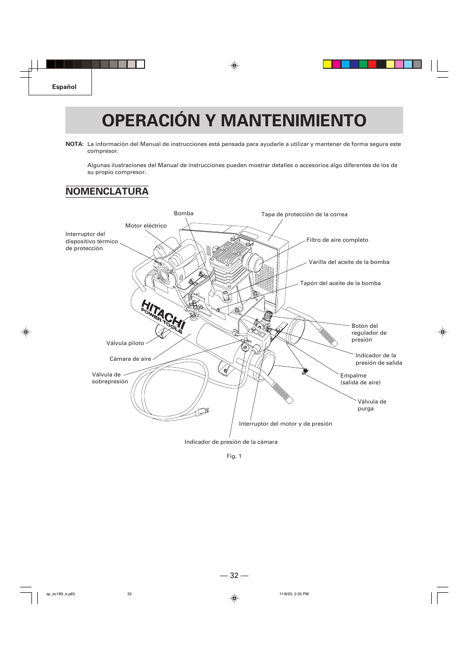 Operación y mantenimiento, Nomenclatura | Hitachi EC 189 User Manual | Page 32 / 40