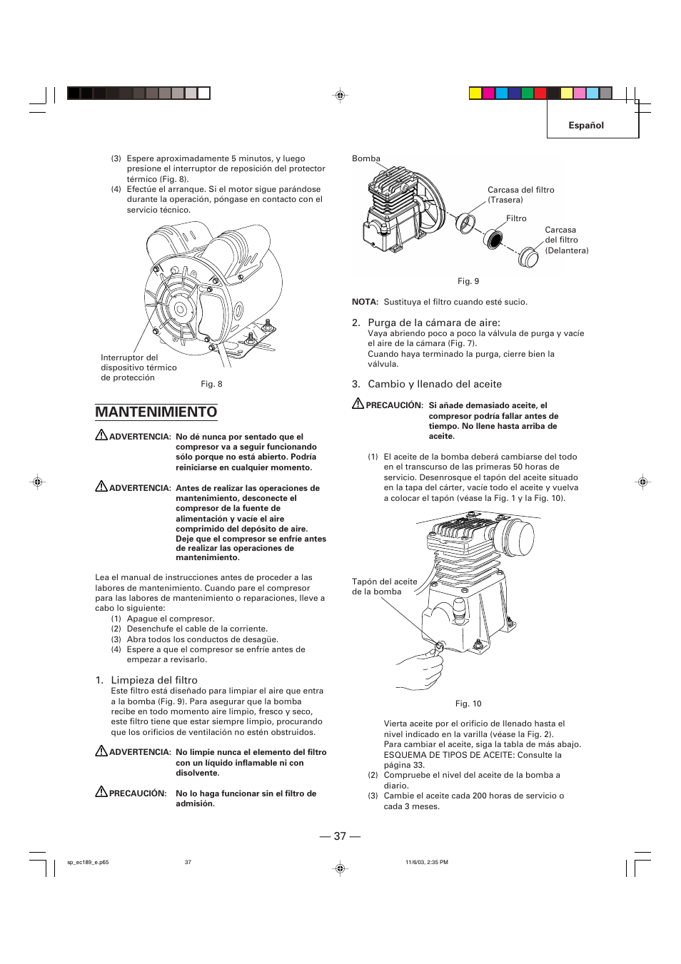 Mantenimiento | Hitachi EC 189 User Manual | Page 37 / 40