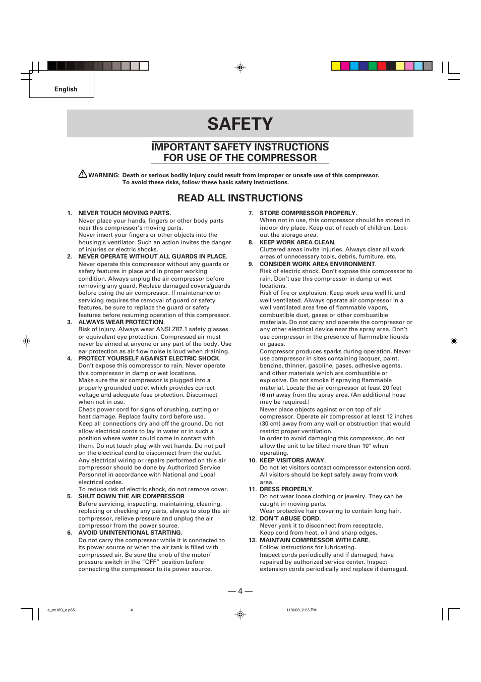 Safety, Read all instructions | Hitachi EC 189 User Manual | Page 4 / 40