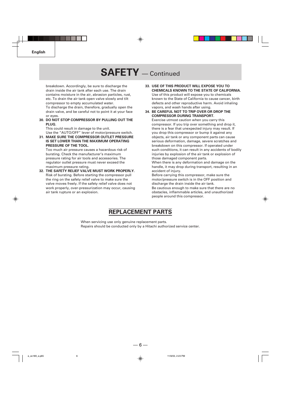 Safety, Continued, Replacement parts | Hitachi EC 189 User Manual | Page 6 / 40
