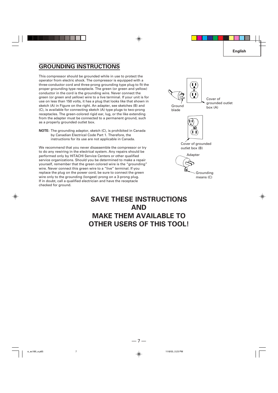 Grounding instructions | Hitachi EC 189 User Manual | Page 7 / 40