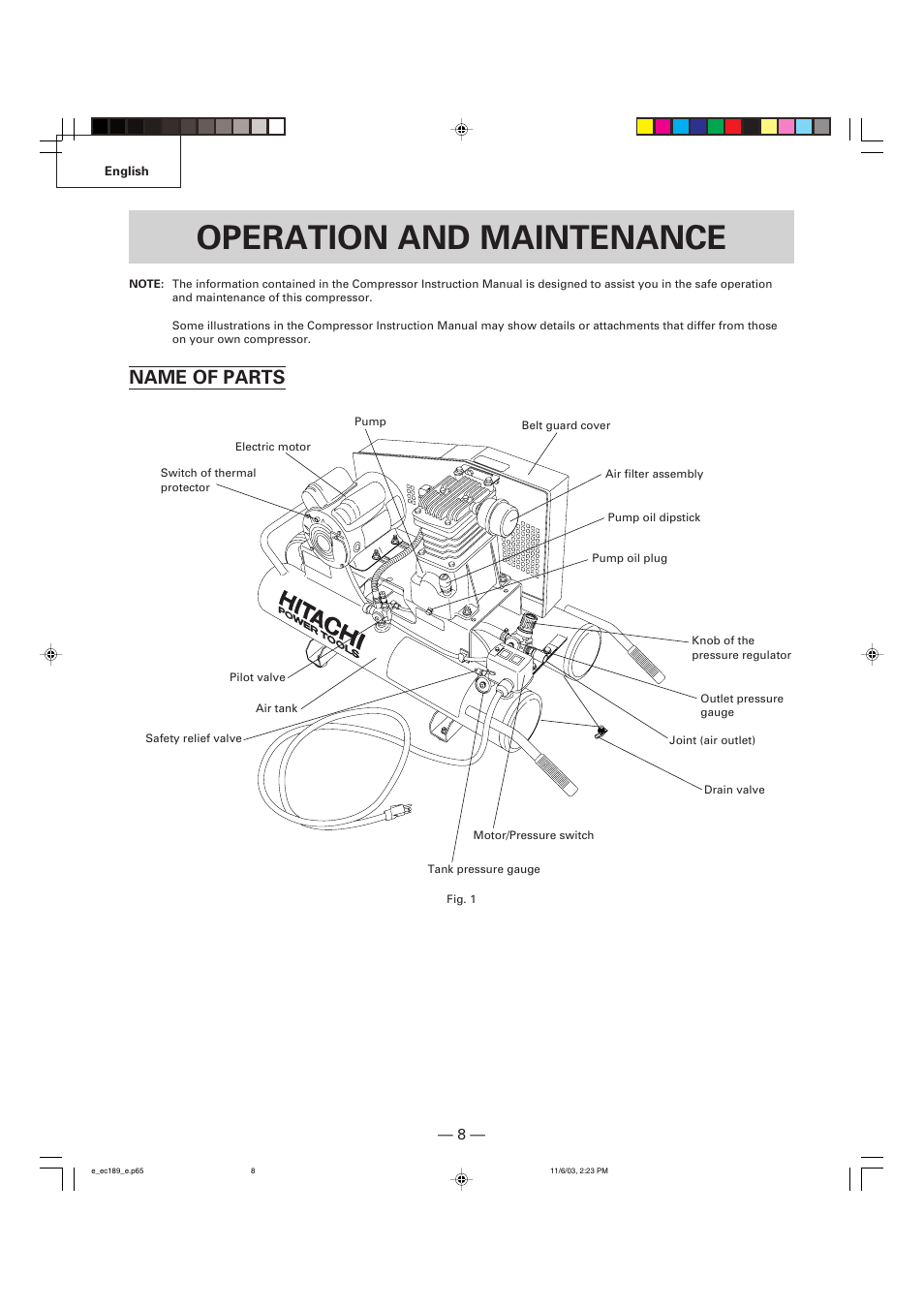 Operation and maintenance, Name of parts | Hitachi EC 189 User Manual | Page 8 / 40