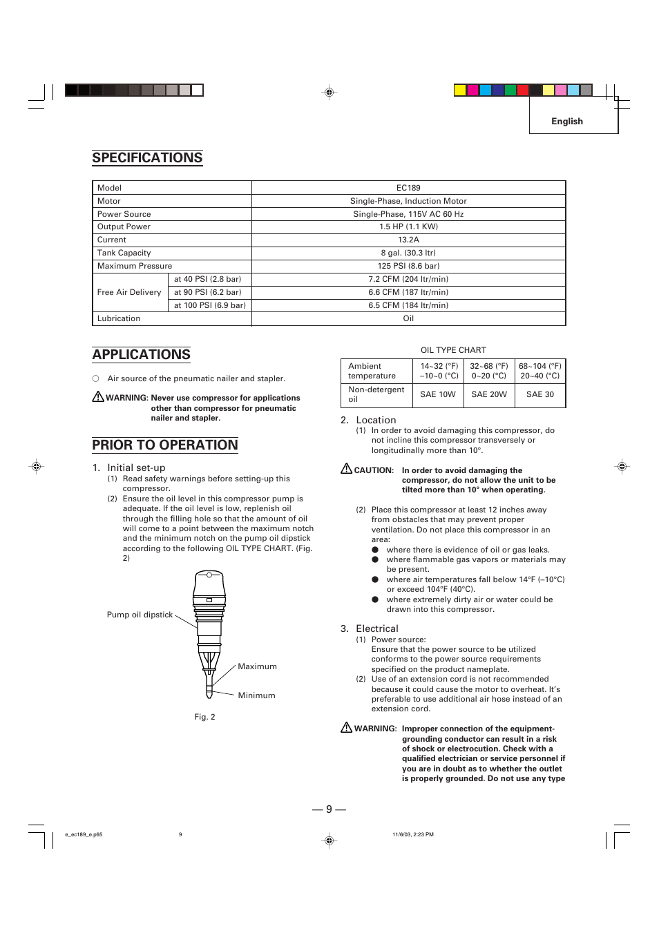 Specifications, Applications, Prior to operation | Hitachi EC 189 User Manual | Page 9 / 40
