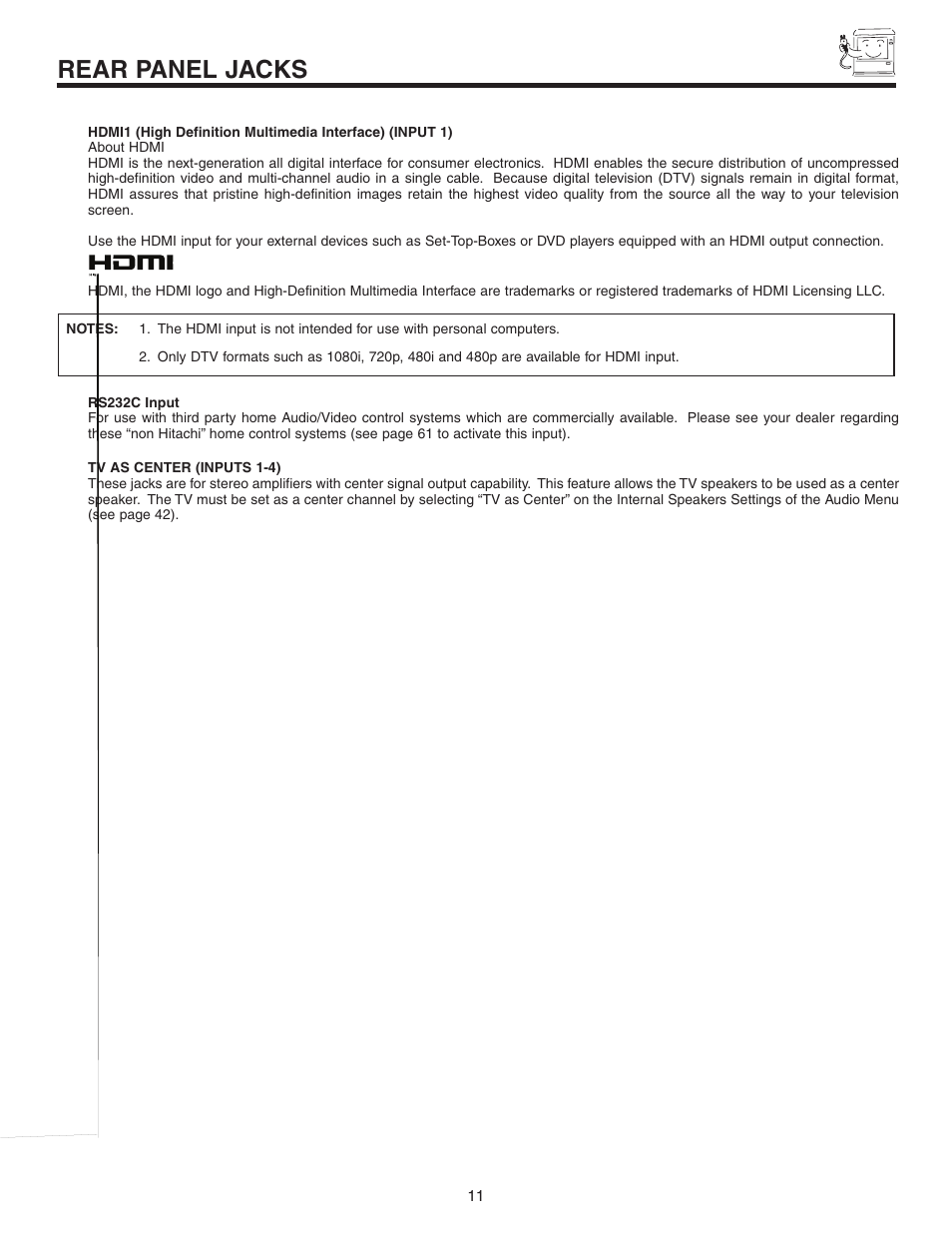 Rear panel jacks | Hitachi 60V525E User Manual | Page 11 / 76