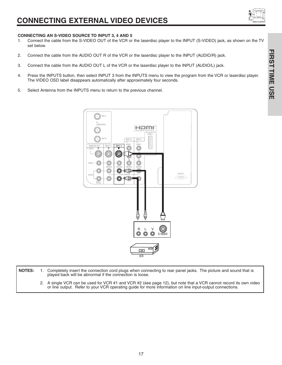 Connecting external video devices, First time use | Hitachi 60V525E User Manual | Page 17 / 76