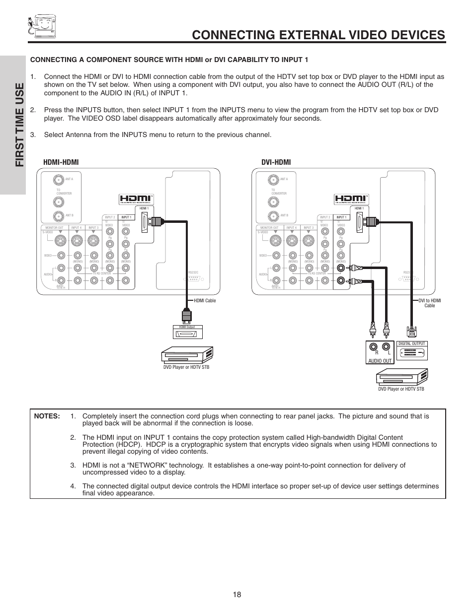 Connecting external video devices, First time use, Hdmi-hdmi | Dvi-hdmi, Rl audio out | Hitachi 60V525E User Manual | Page 18 / 76