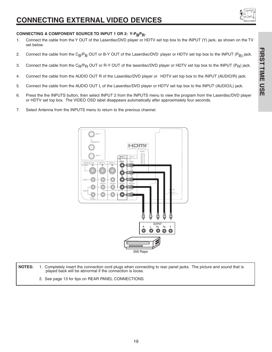 Connecting external video devices, First time use | Hitachi 60V525E User Manual | Page 19 / 76