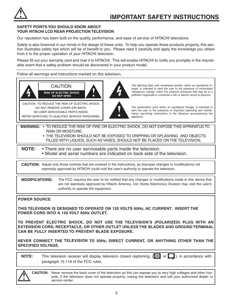 Important safety instructions, Caution | Hitachi 60V525E User Manual | Page 2 / 76