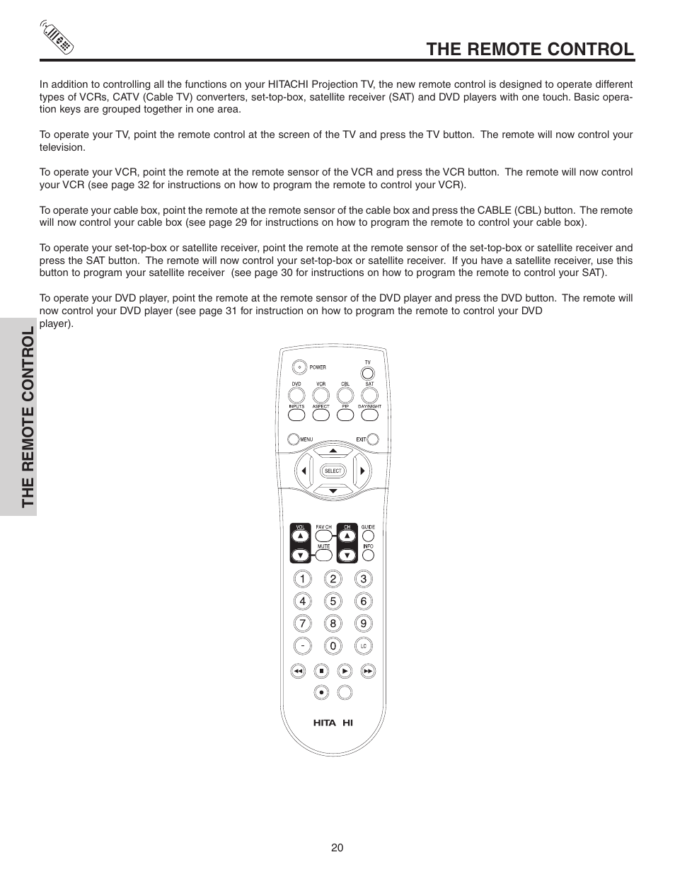 The remote control, The remo te contr ol | Hitachi 60V525E User Manual | Page 20 / 76