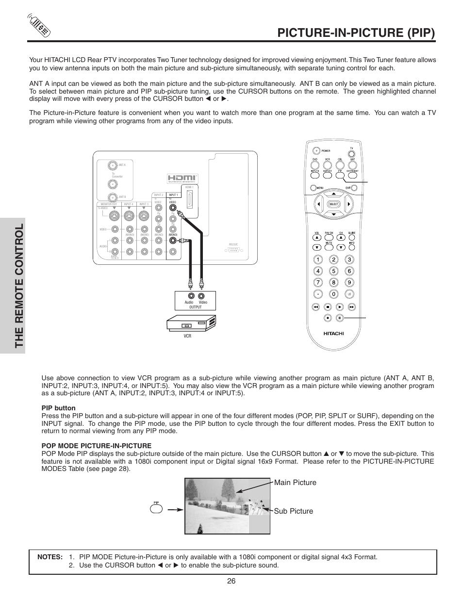 Picture-in-picture (pip), The remo te contr ol, Main picture sub picture | Hitachi 60V525E User Manual | Page 26 / 76