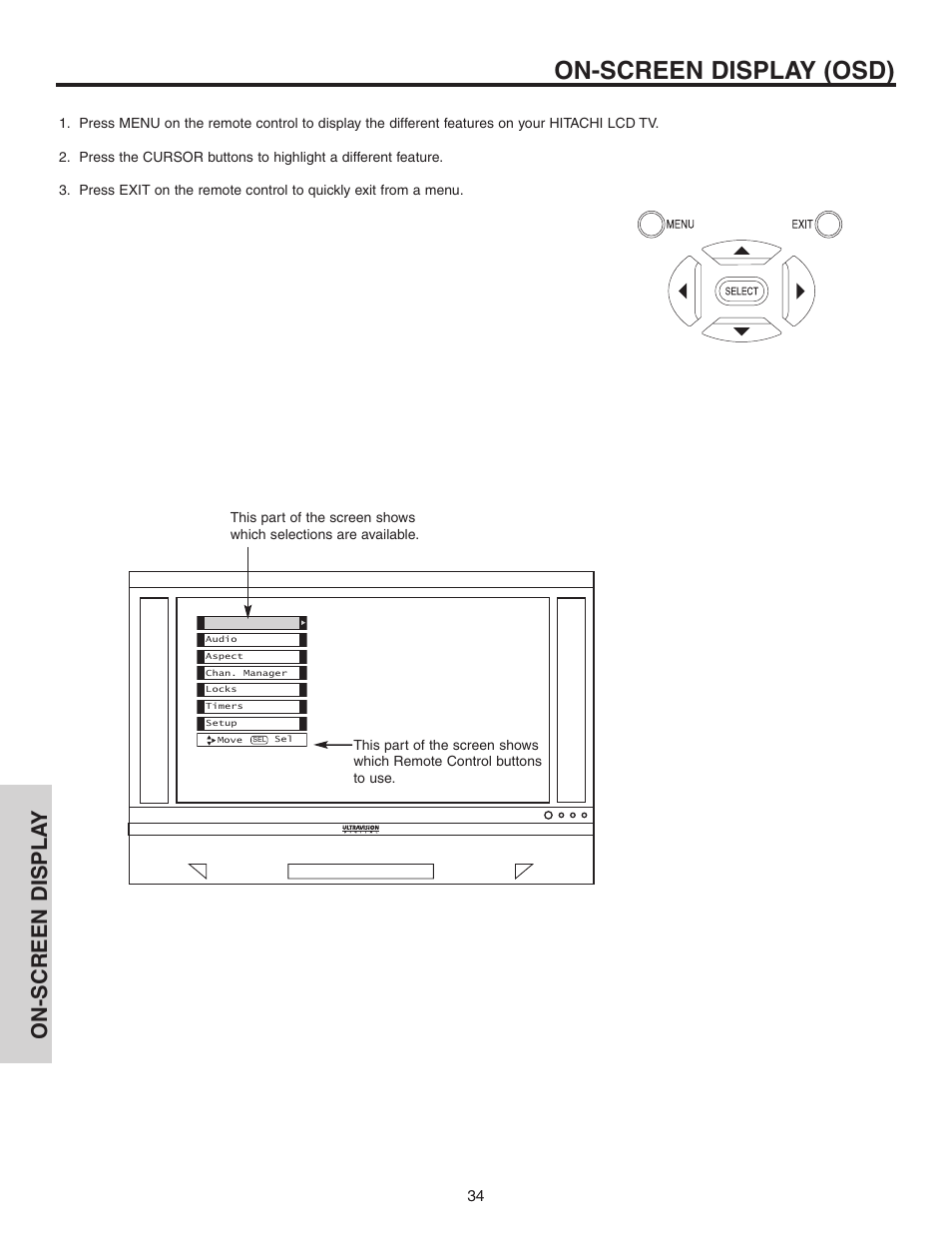 On-screen display (osd), On-screen displa y | Hitachi 60V525E User Manual | Page 34 / 76