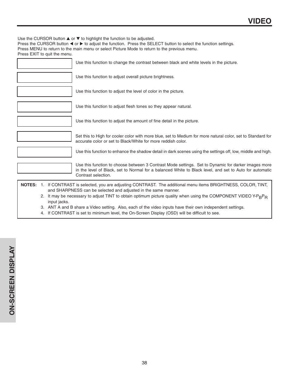 Video, On-screen displa y | Hitachi 60V525E User Manual | Page 38 / 76