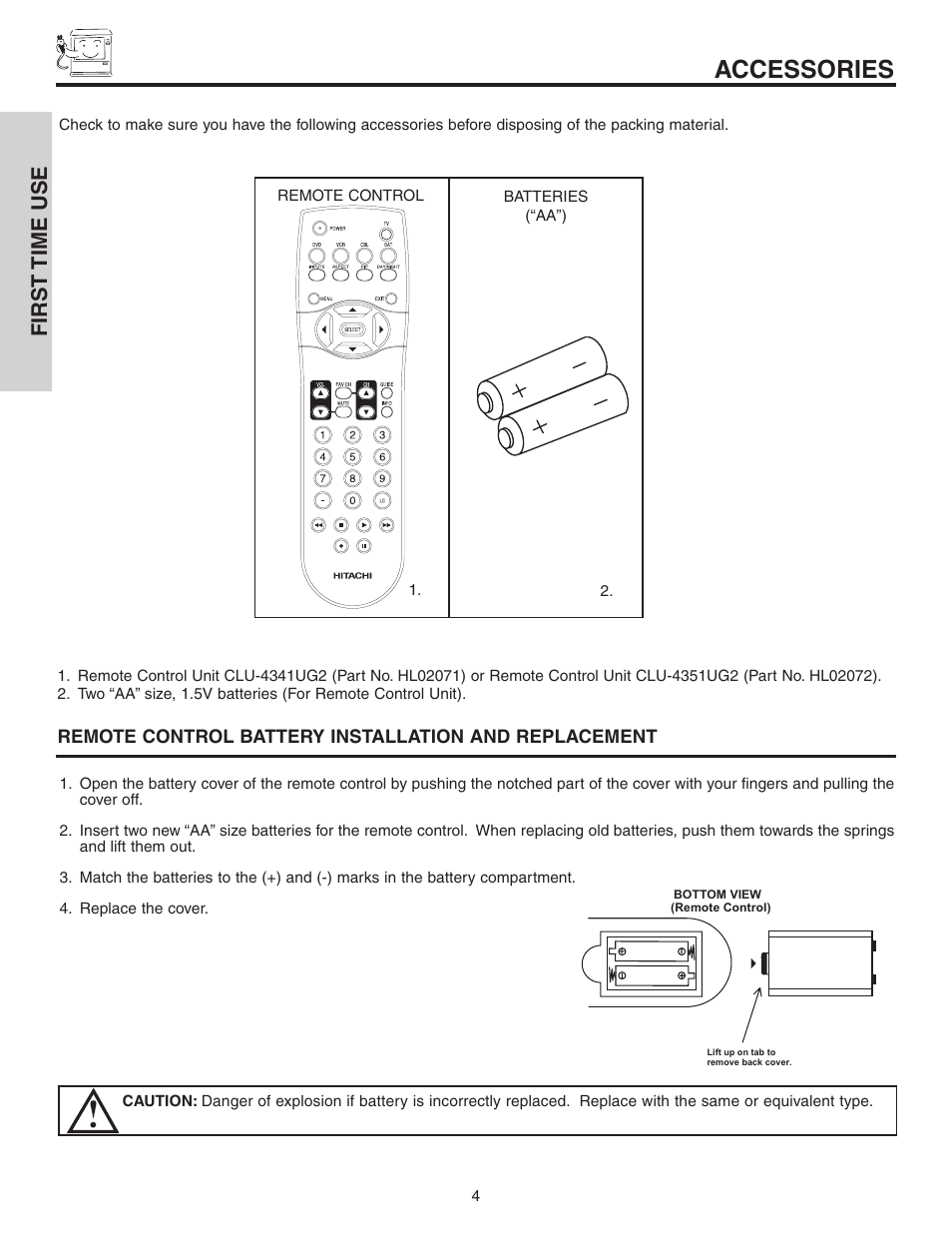 Accessories, First time use | Hitachi 60V525E User Manual | Page 4 / 76