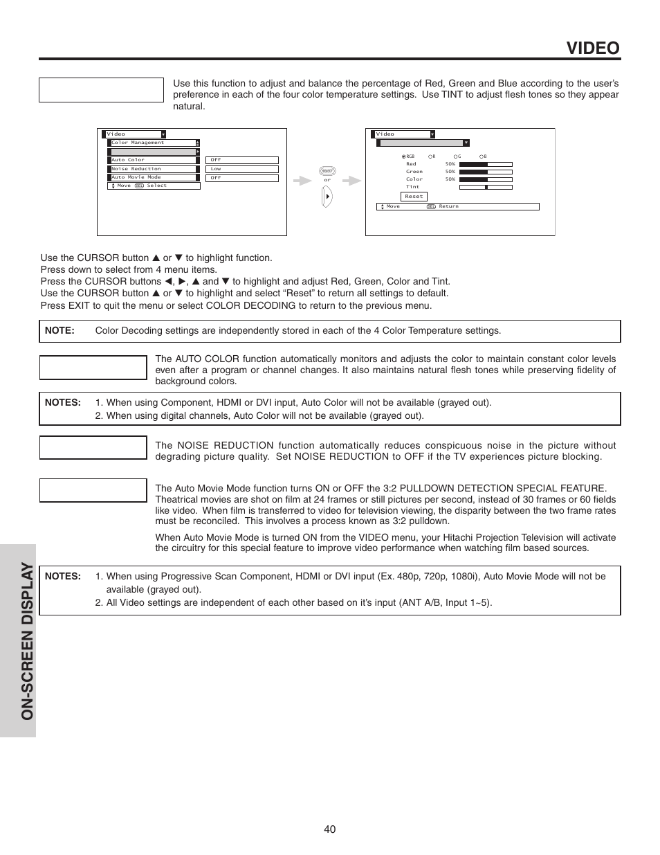 Video, On-screen displa y | Hitachi 60V525E User Manual | Page 40 / 76