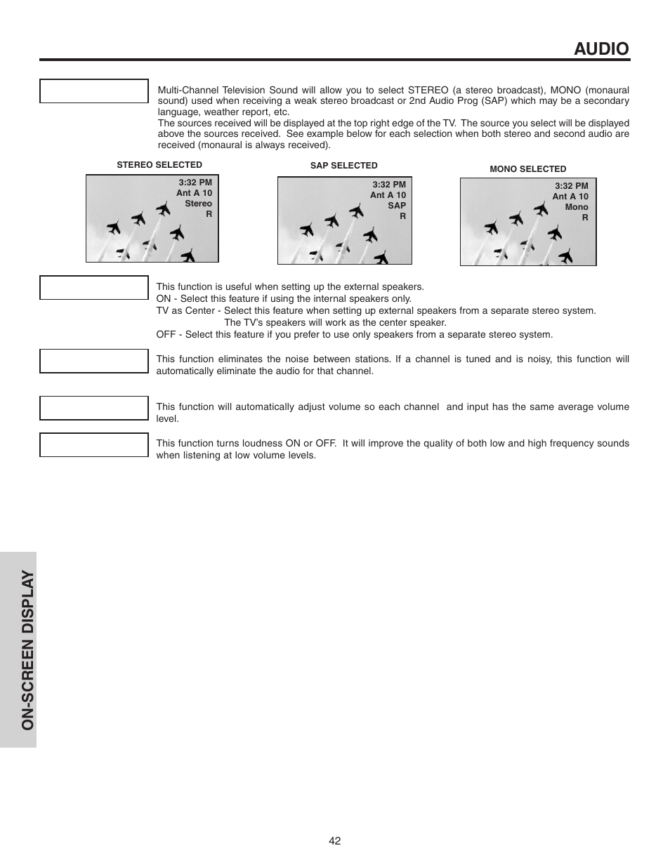 Audio, On-screen displa y | Hitachi 60V525E User Manual | Page 42 / 76