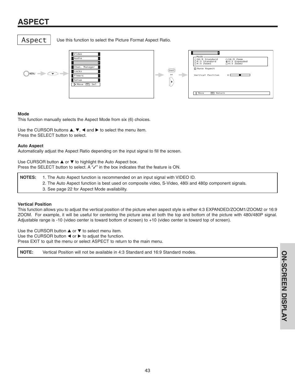 Aspect, On-screen displa y | Hitachi 60V525E User Manual | Page 43 / 76