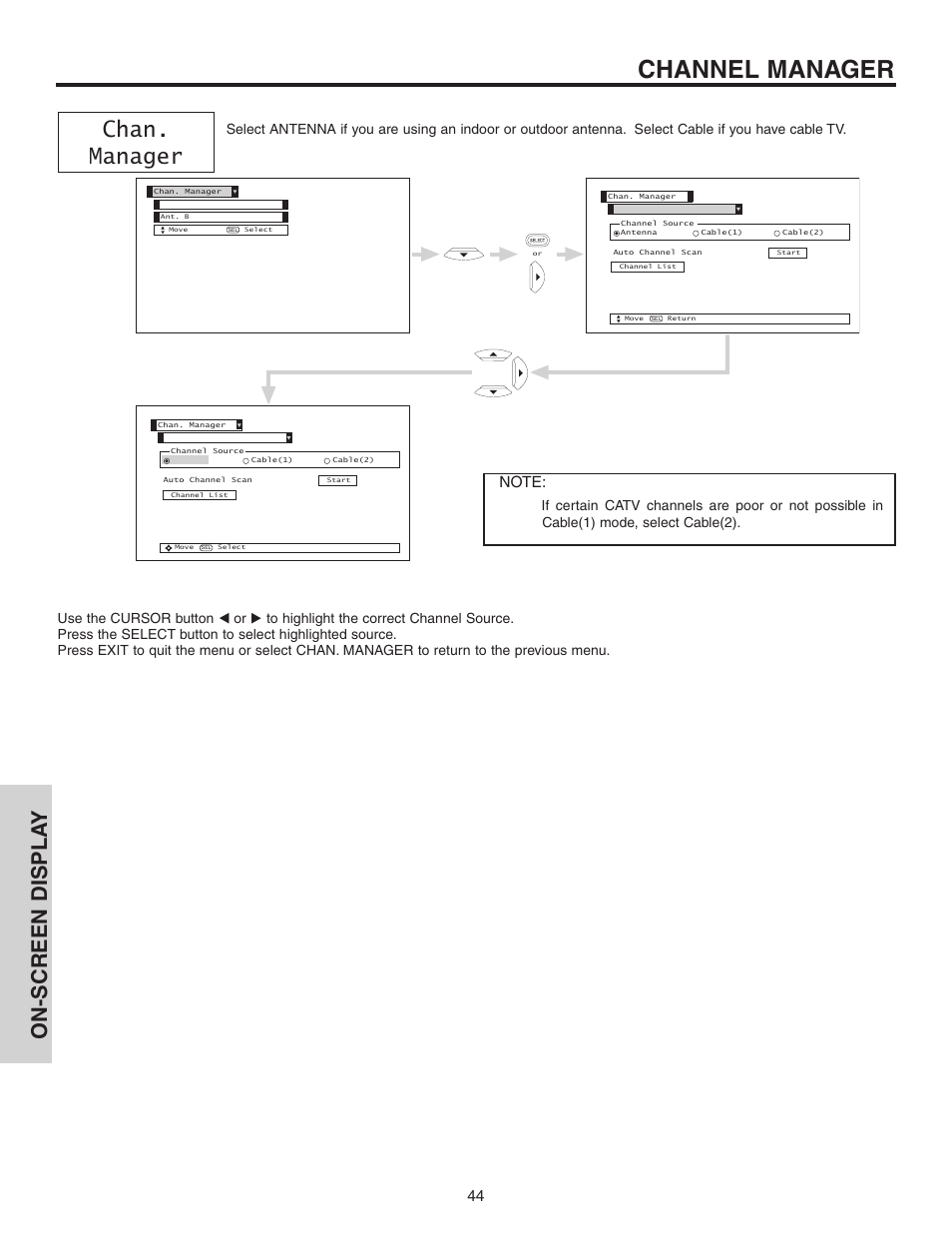 Channel manager, Chan. manager, On-screen displa y | Hitachi 60V525E User Manual | Page 44 / 76