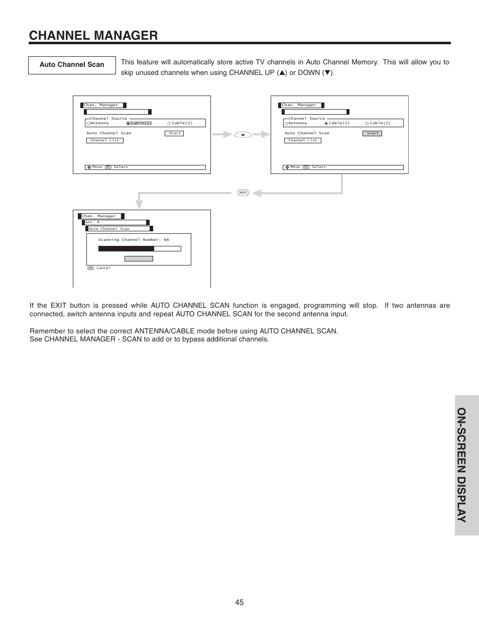 Channel manager, On-screen displa y | Hitachi 60V525E User Manual | Page 45 / 76