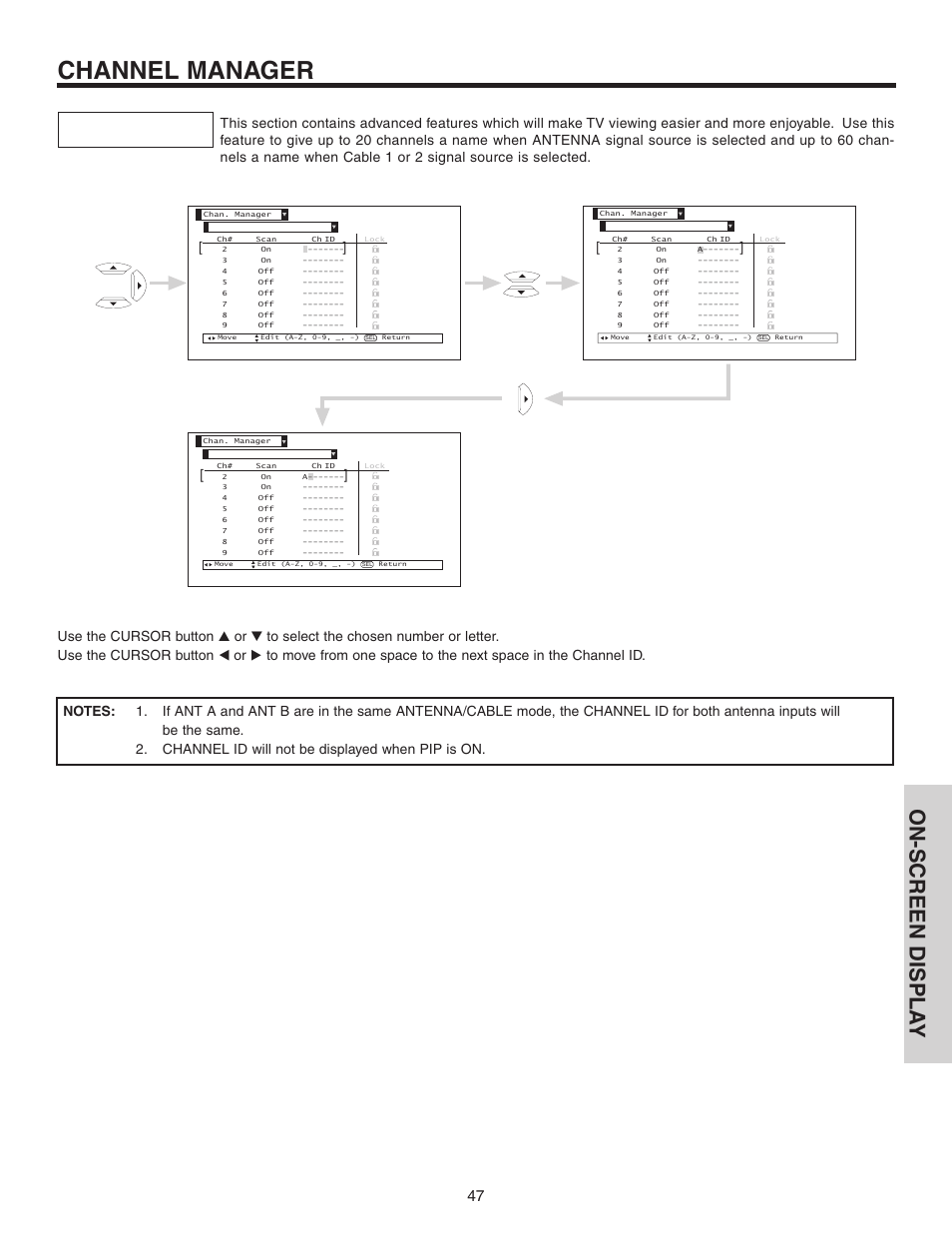 Channel manager, On-screen displa y | Hitachi 60V525E User Manual | Page 47 / 76