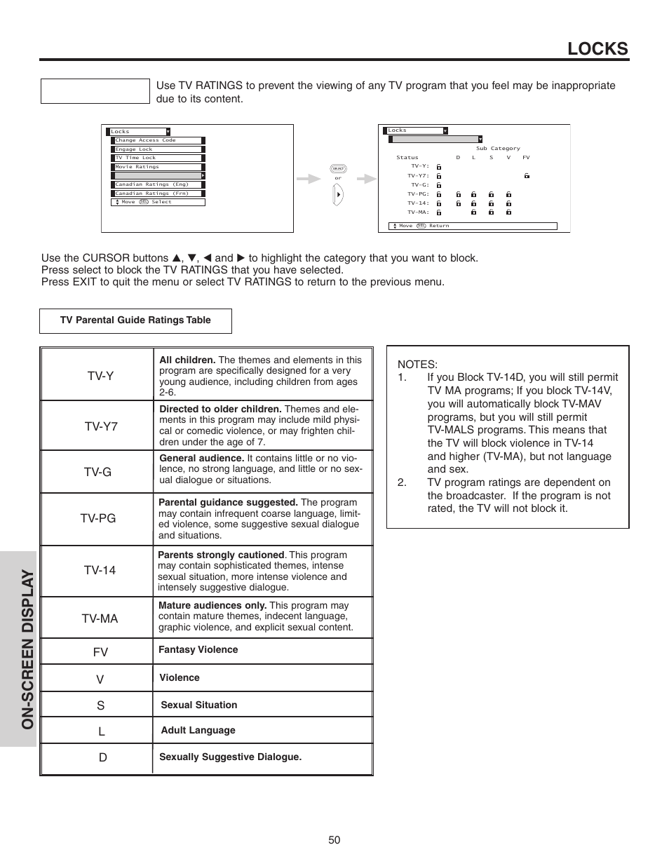 Locks, On-screen displa y, Tv-y tv-y7 tv-g tv-pg tv-14 tv-ma | Hitachi 60V525E User Manual | Page 50 / 76