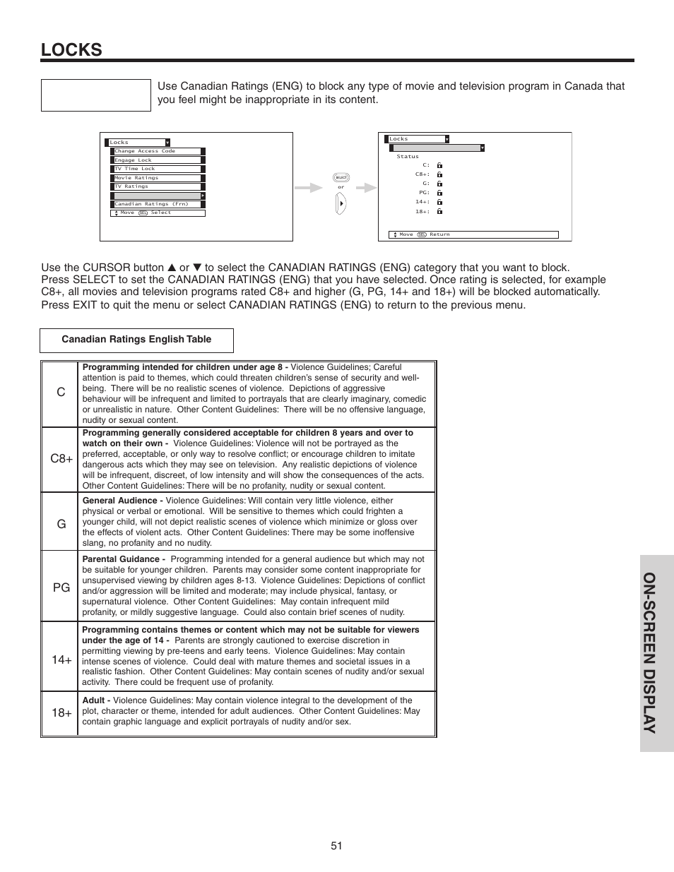 Locks, On-screen displa y | Hitachi 60V525E User Manual | Page 51 / 76