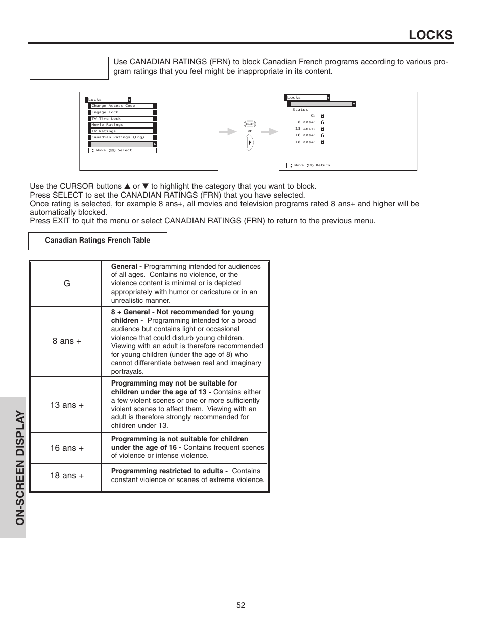 Locks, On-screen displa y | Hitachi 60V525E User Manual | Page 52 / 76