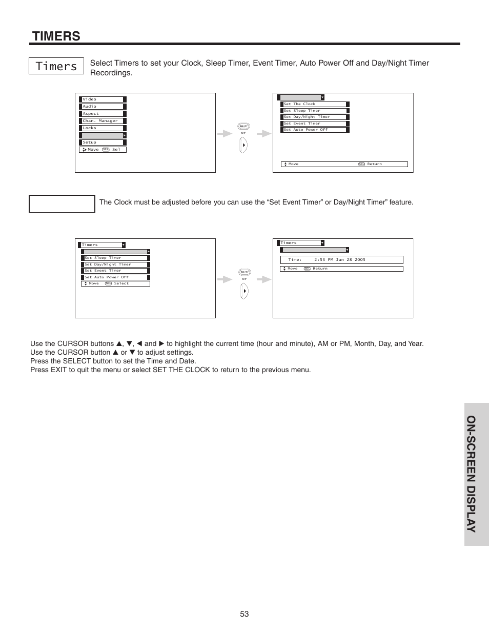 Timers, On-screen displa y, Set the clock | Hitachi 60V525E User Manual | Page 53 / 76