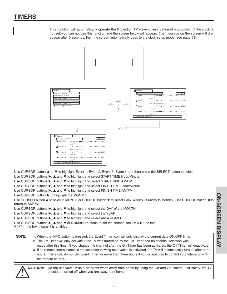 Timers, On-screen displa y | Hitachi 60V525E User Manual | Page 55 / 76