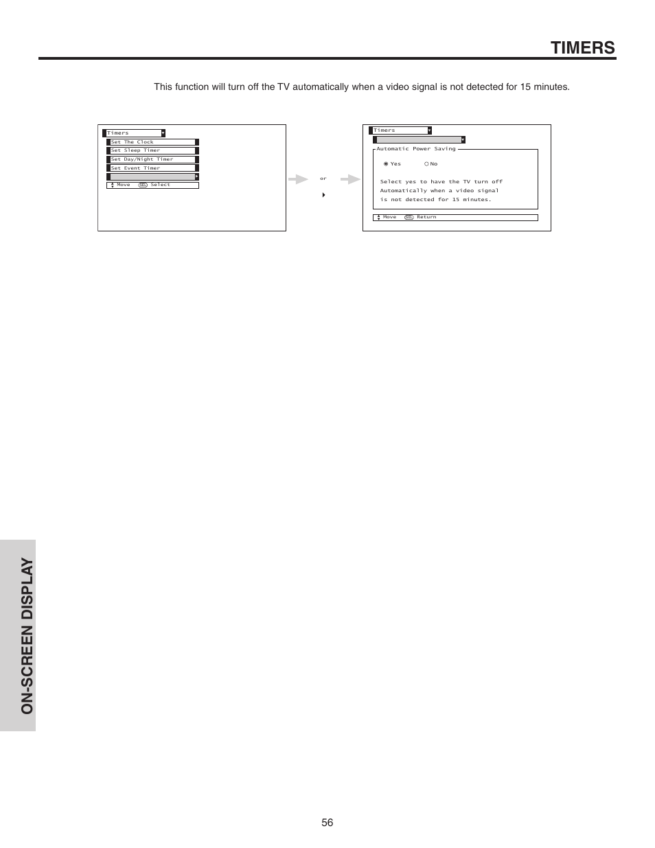 Timers, On-screen displa y | Hitachi 60V525E User Manual | Page 56 / 76