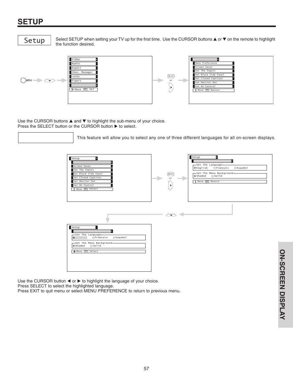 Setup, On-screen displa y | Hitachi 60V525E User Manual | Page 57 / 76