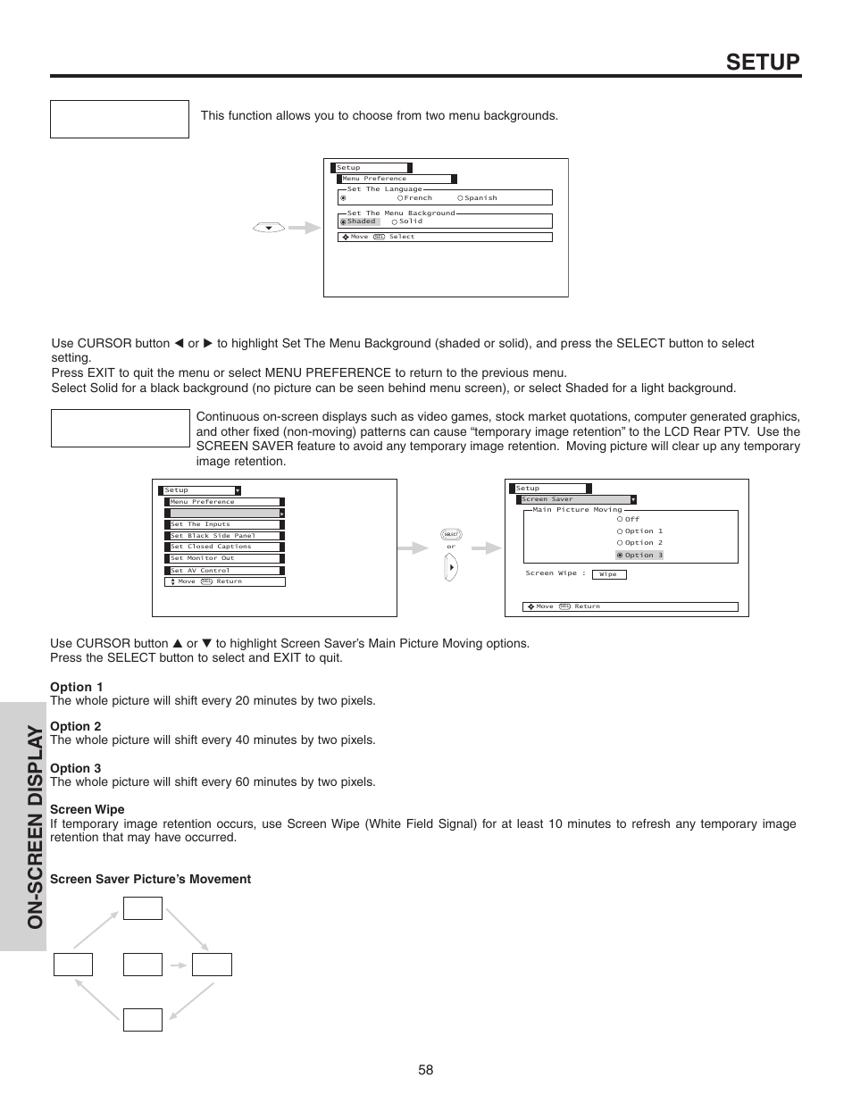 Setup, On-screen displa y | Hitachi 60V525E User Manual | Page 58 / 76