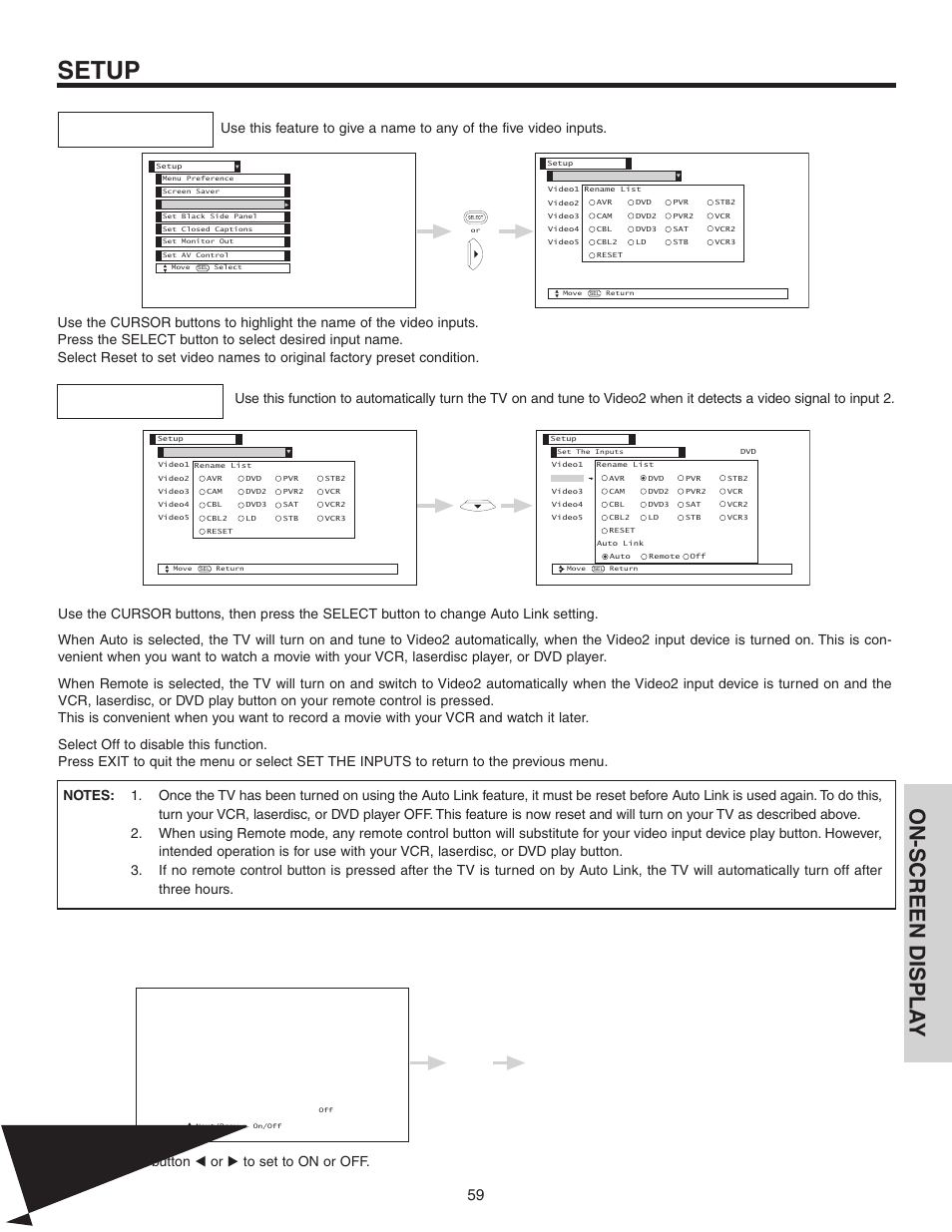 Setup, On-screen displa y | Hitachi 60V525E User Manual | Page 59 / 76