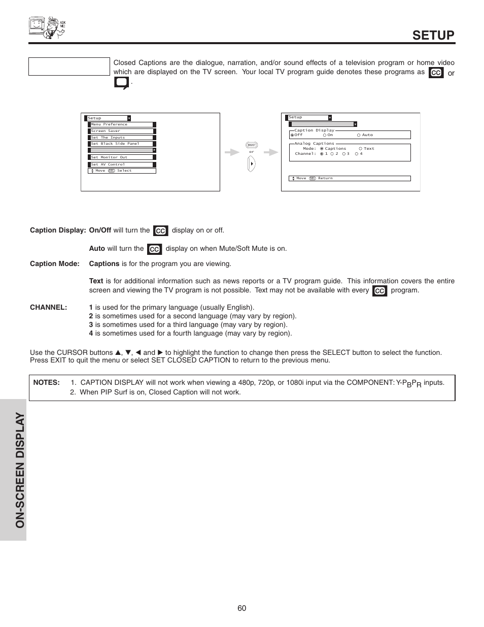 Setup, On-screen displa y, Set closed caption | Hitachi 60V525E User Manual | Page 60 / 76