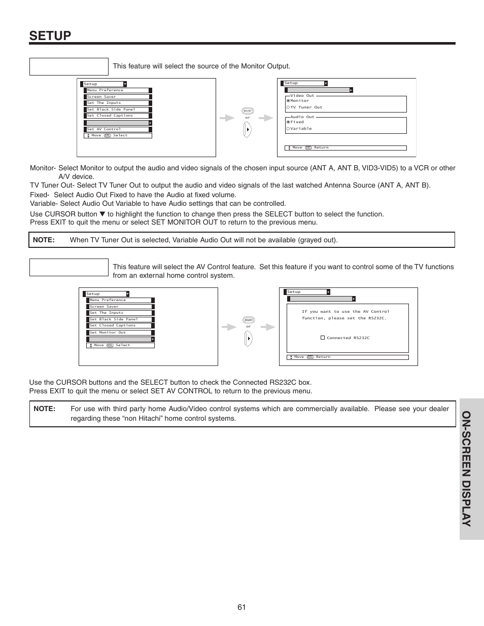 Setup, On-screen displa y | Hitachi 60V525E User Manual | Page 61 / 76