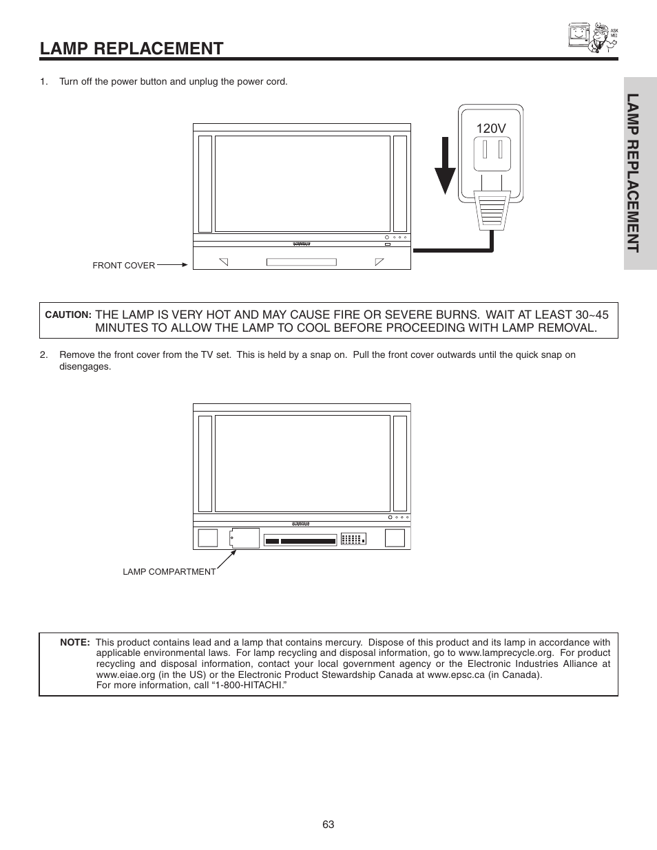 Lamp replacement, Lamp repla cement | Hitachi 60V525E User Manual | Page 63 / 76