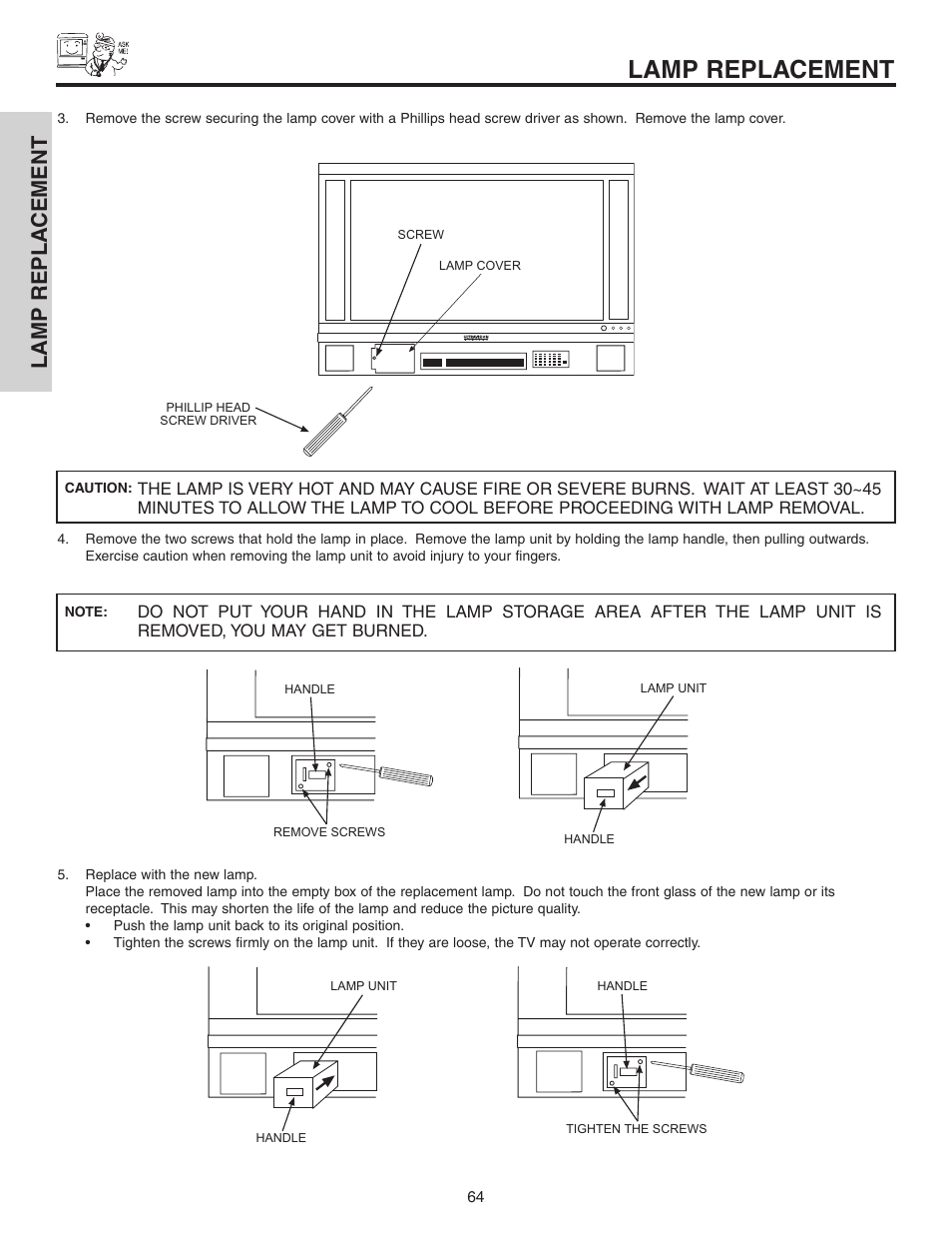 Lamp replacement, Lamp repla cement | Hitachi 60V525E User Manual | Page 64 / 76