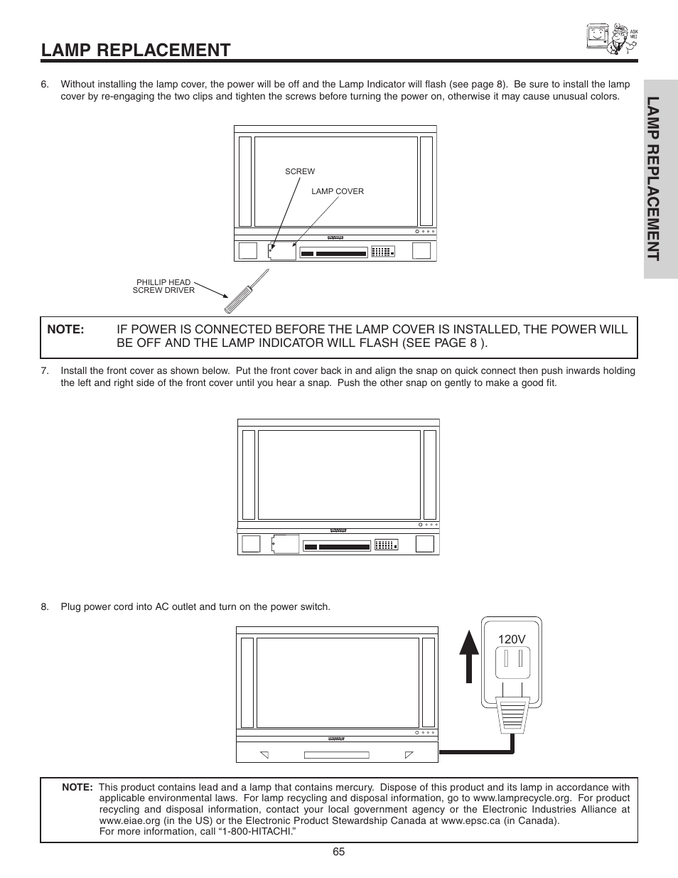 Lamp replacement, Lamp repla cement | Hitachi 60V525E User Manual | Page 65 / 76