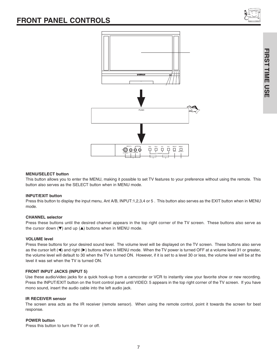 Front panel controls, First time use | Hitachi 60V525E User Manual | Page 7 / 76