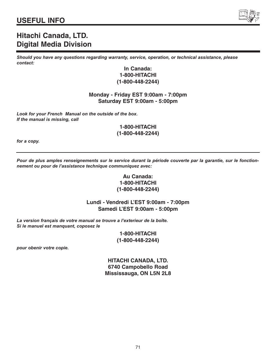 Useful info, Hitachi canada, ltd. digital media division | Hitachi 60V525E User Manual | Page 71 / 76