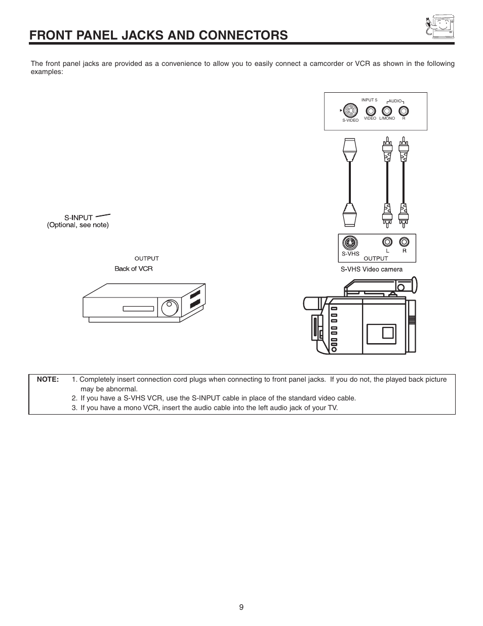 Front panel jacks and connectors | Hitachi 60V525E User Manual | Page 9 / 76