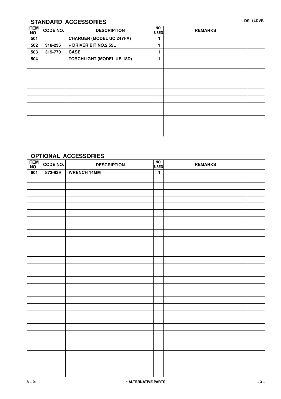Standard accessories optional accessories | Hitachi DS 14DVB User Manual | Page 3 / 4