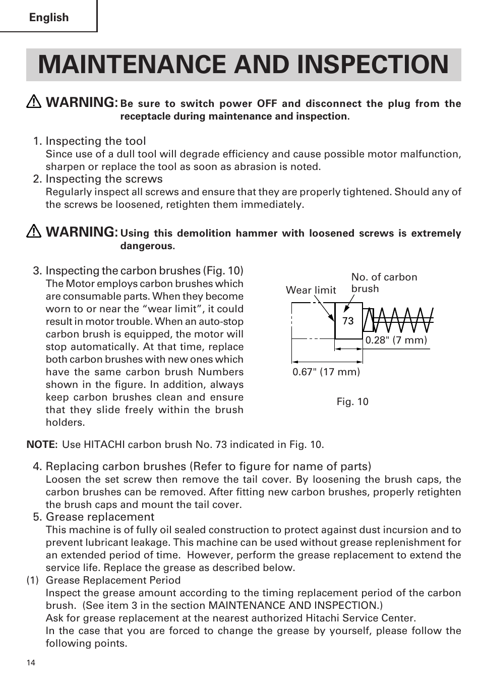 Maintenance and inspection, Warning | Hitachi H 45MR User Manual | Page 14 / 52